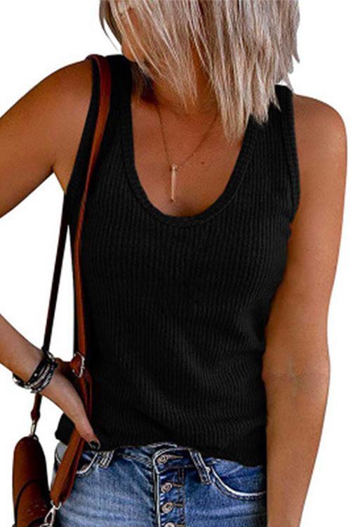 Scoop Neck Ribbed Solid Sleeveless Top Black