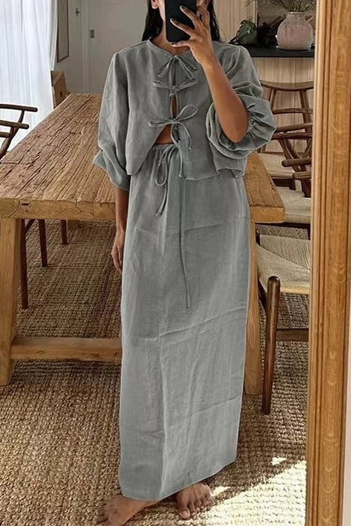 Puff Long Sleeves Lace-up Shirt Drawstring Waist Maxi Skirt Set Gray