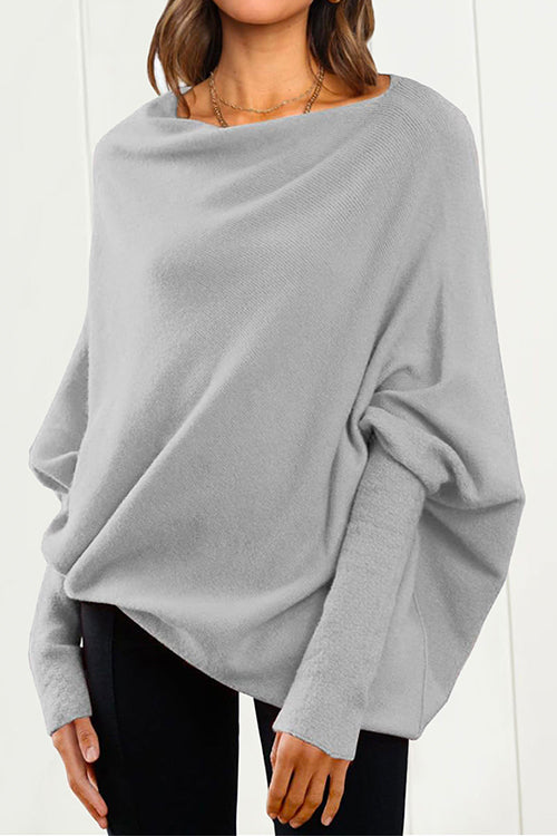 Solid Batwing Sleeves Slouchy Knit Sweater Gray