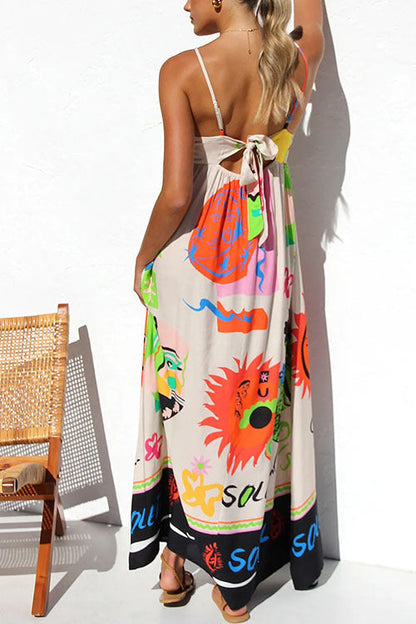 Rosiedress Tie Back Cut Out Graffiti Print Flowy Maxi Cami Dress