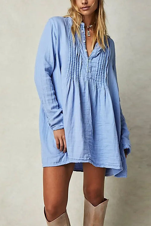 Long Sleeves Button Up Mini Shirt Dress LightBlue
