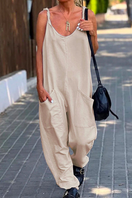 Rosiedress Scoop Neck Pockets Solid Slouchy Cami Jumpsuit Apricot