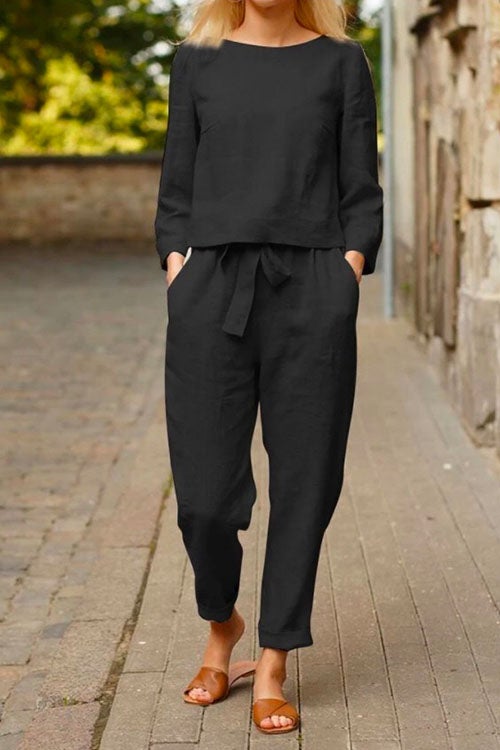 Gemma Long Sleeves Top Bow Knot Tapered Pants Set Black