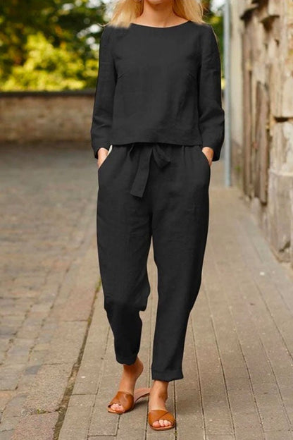 Gemma Long Sleeves Top Bow Knot Tapered Pants Set Black