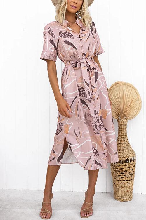 Short Sleeves Tie Waist Side Slit Printed Midi Shirt Dress Pink