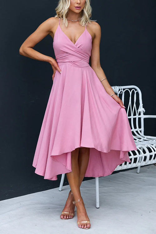 Cross V Neck Tie Back Swing Midi Cami Dress Pink