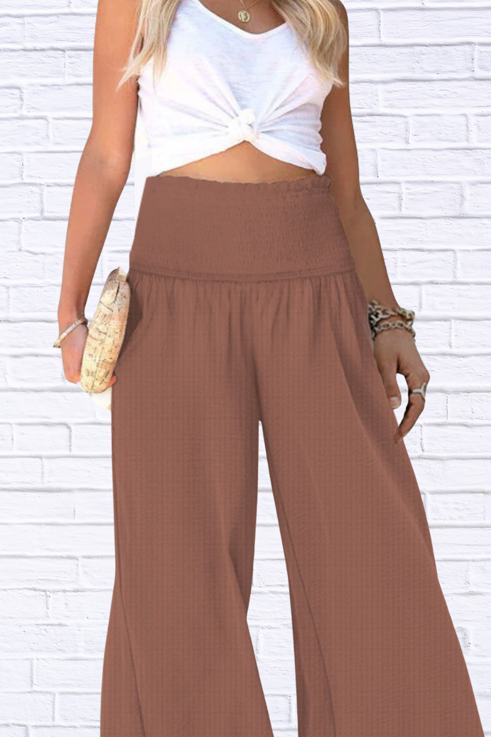Wide-Leg Smocked Waist Pants