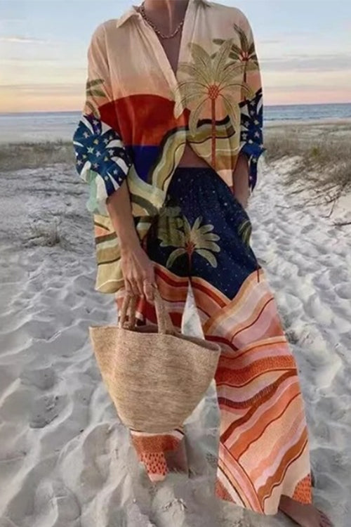 Tropic Print Button Down Blouse Shirt Elastic Waist Wide Leg Pants Vacation Set Pink