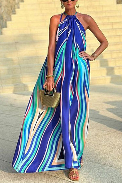 Rosiedress Halter Sleeveless Color Block Printed Swing Maxi Vacation Dress Blue