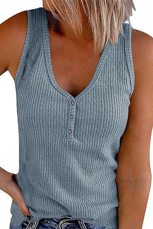 Buttons V Neck Sleeveless Solid Top Blue