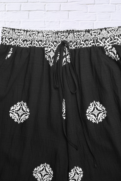 Effortless Elegance: Boho Print Black & White Wide-Leg Pants