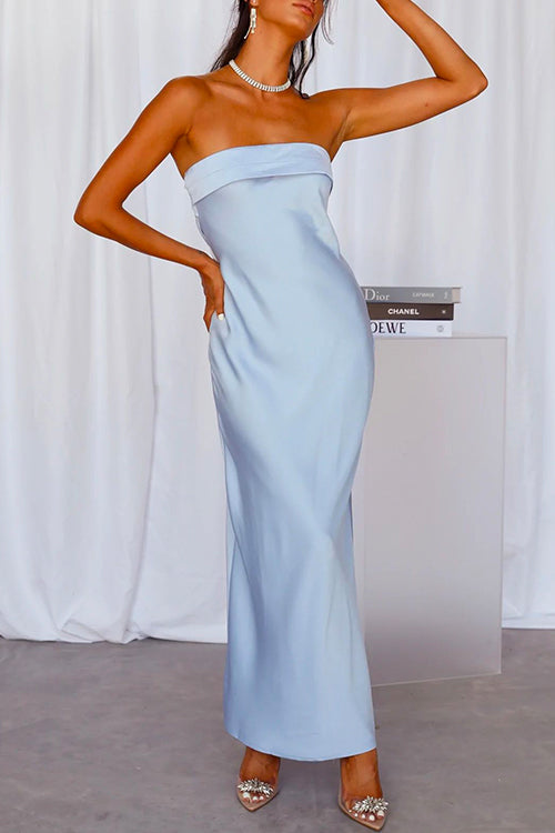 Backless Tube Top Solid Satin Maxi Party Dress LightBlue