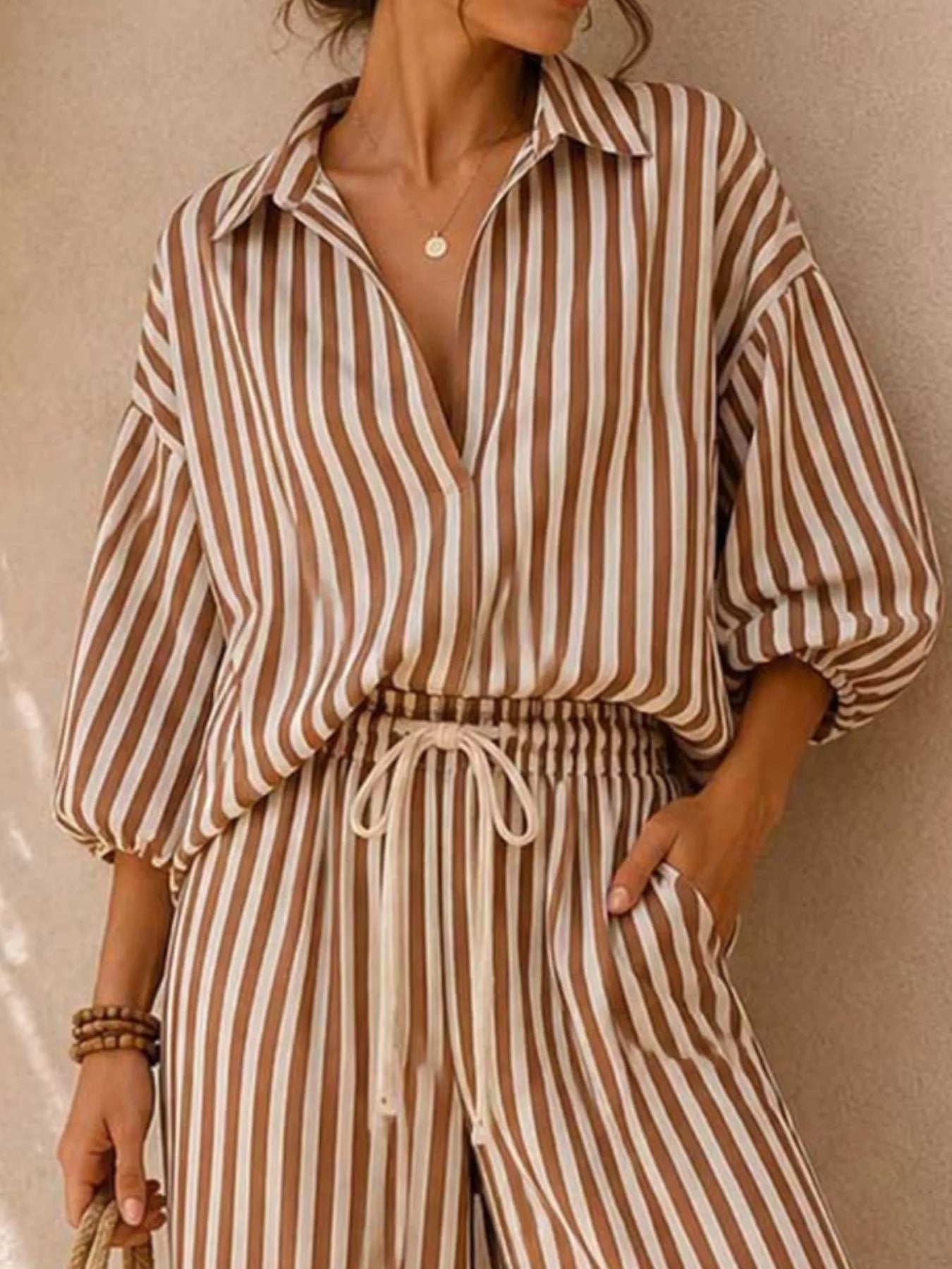 : Plus Size Striped Puff Sleeve Shirt & Wide-Leg Pants Set