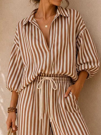 : Plus Size Striped Puff Sleeve Shirt & Wide-Leg Pants Set