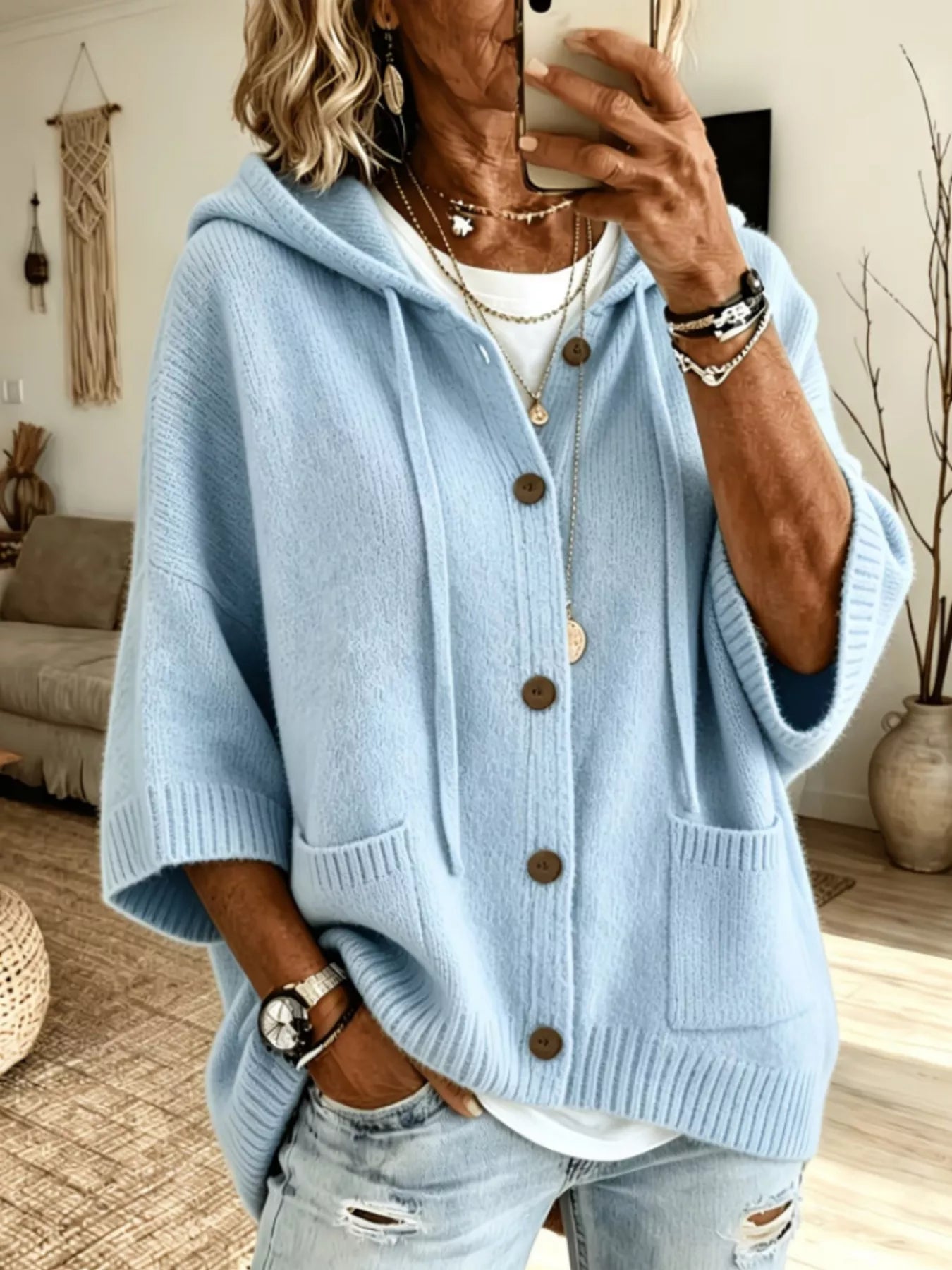 Full Size Casual Hooded Button-Down Knit Cardigan with Pockets Plus Size