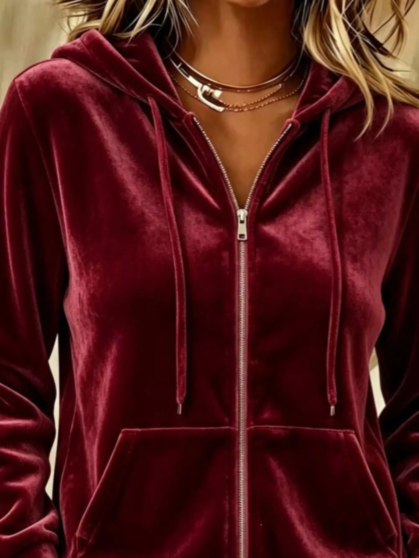 Full Size Velvet Zip-Up Hoodie with Drawstring Plus Size