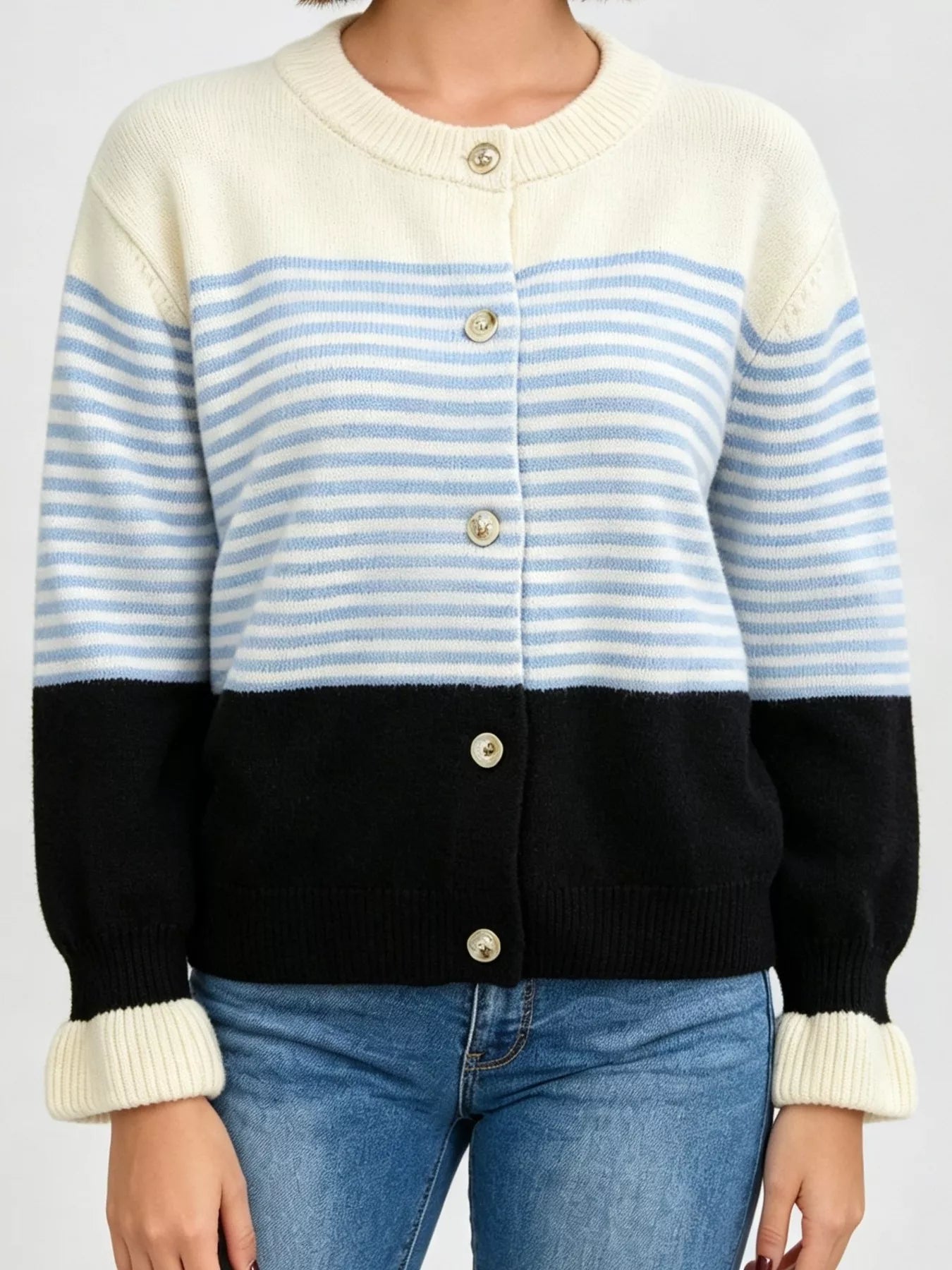 Color Block Striped Button Up Cardigan