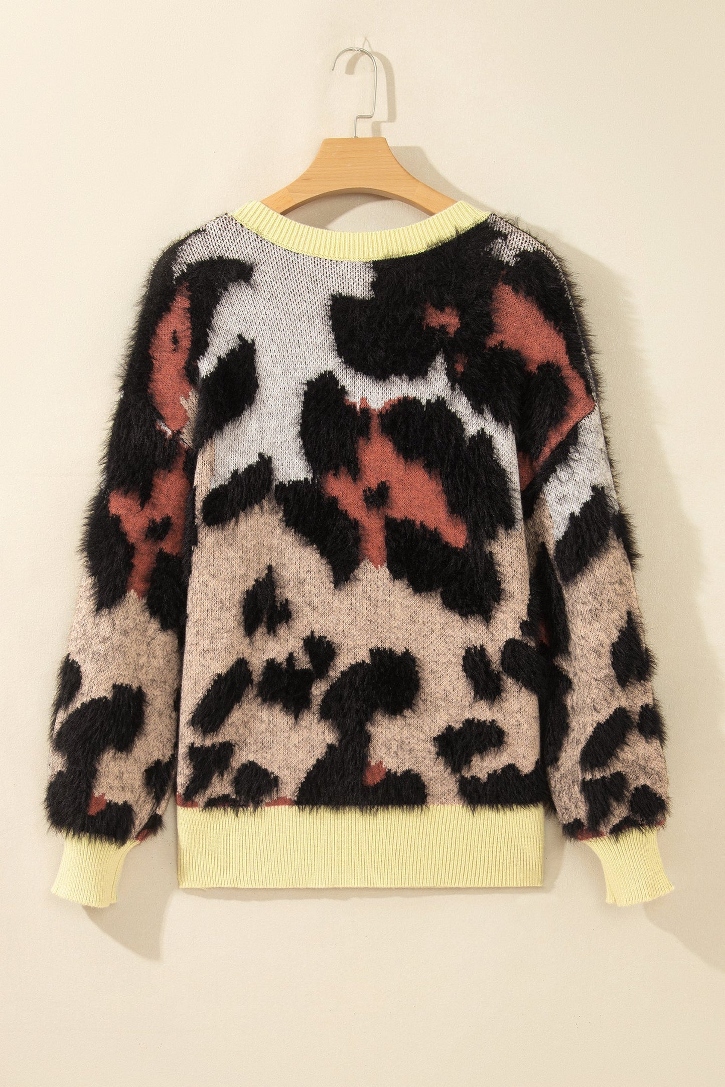 Khaki Leopard Print Drop Shoulder Long Sleeve Round Neck Sweater