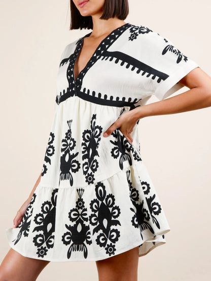 Printed V-Neck Short Sleeve Mini Dress
