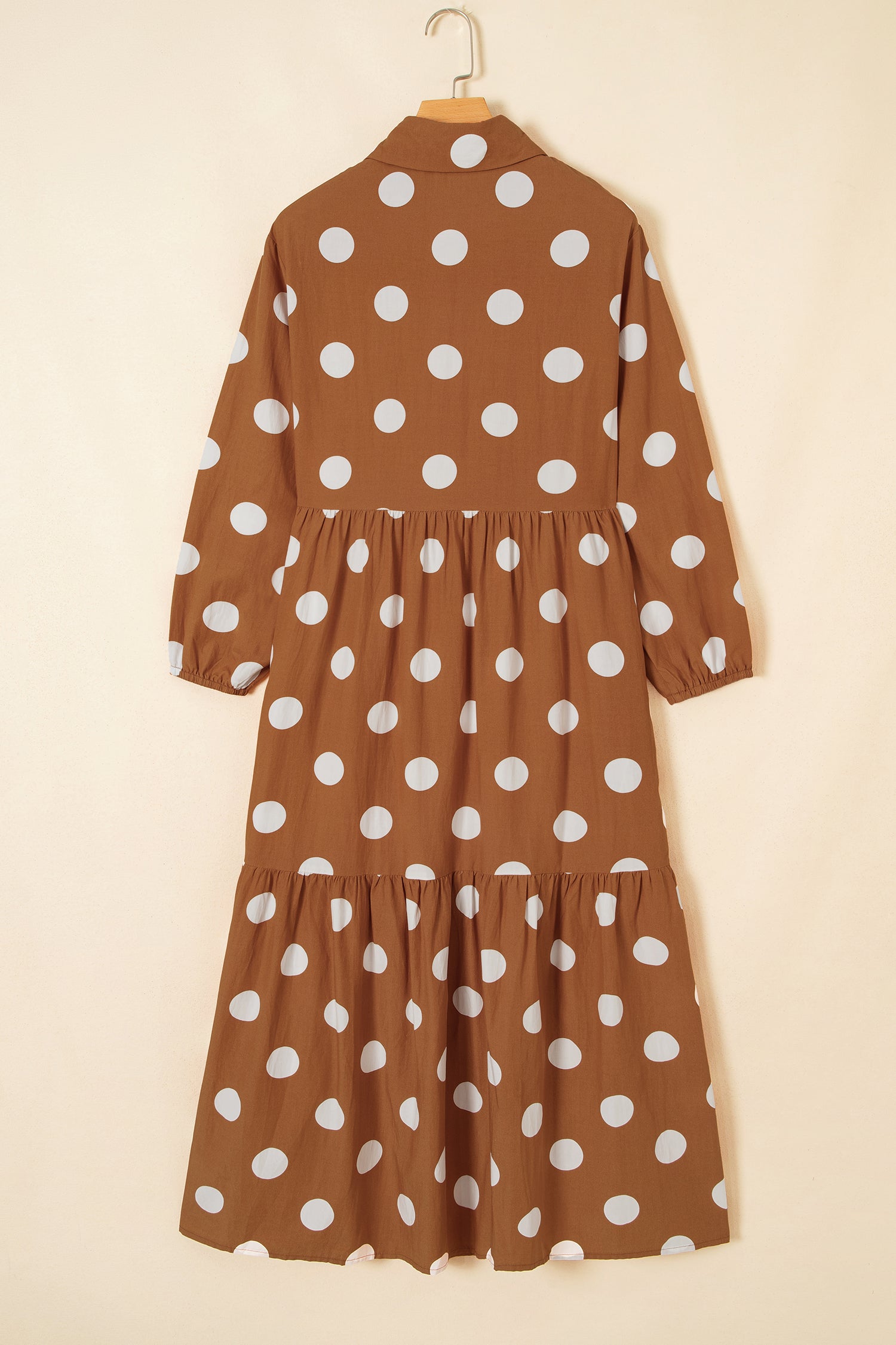 Brown Polka Dot Button Front Long Sleeve Shift Dress