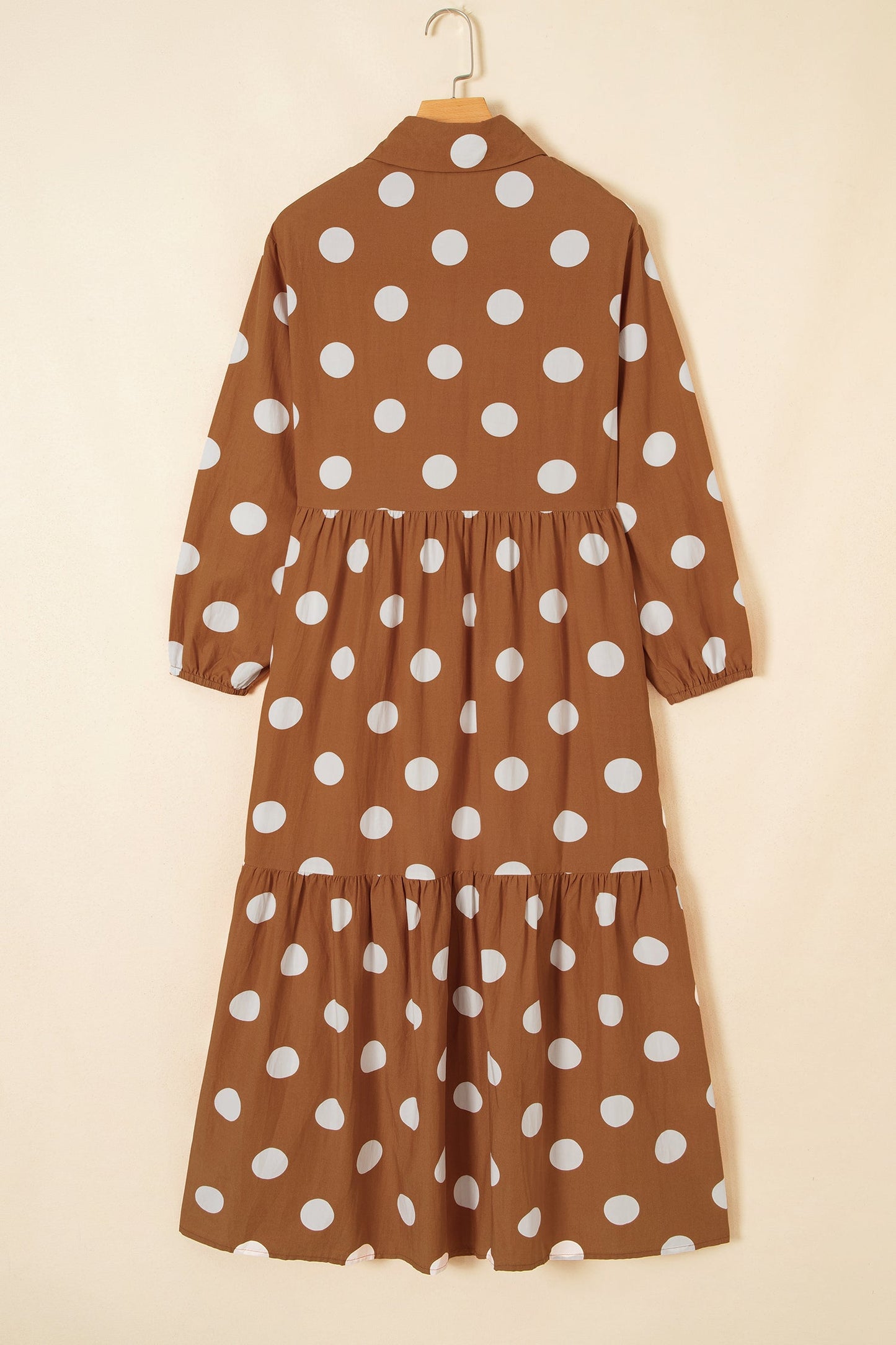 Brown Polka Dot Button Front Long Sleeve Shift Dress