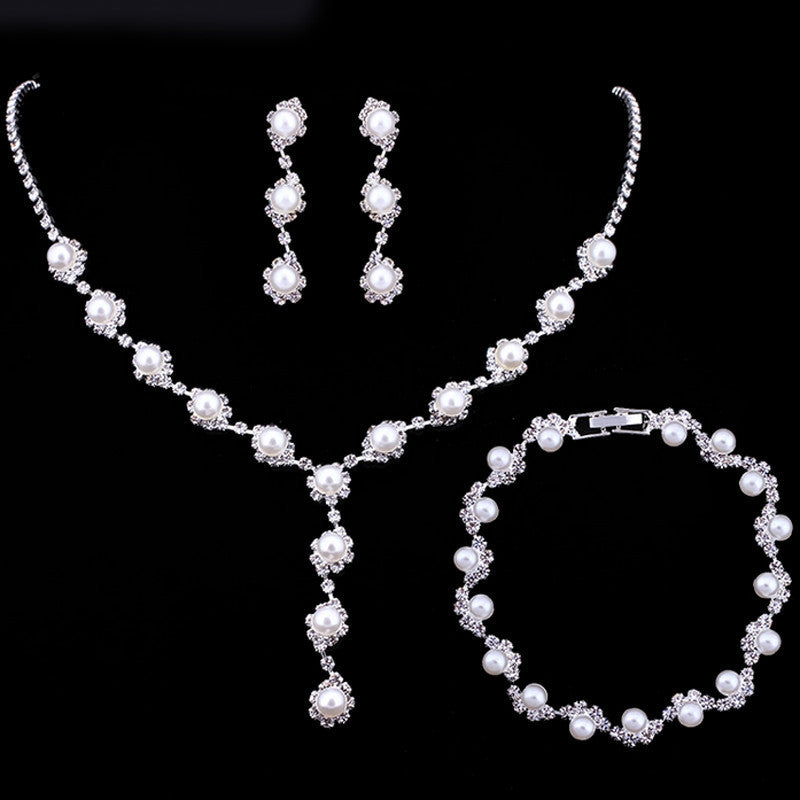 Shiny Rhinestone Pearl Bridal Accessories Necklace Bracelet Earrings Suit