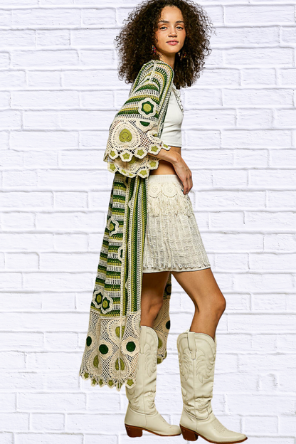 Janice Striped and Floral Pattern Crochet Longline Cardigan