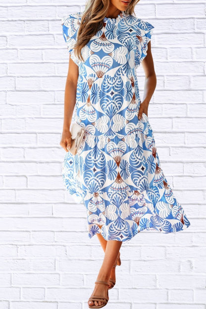 Tropical Botanic Print Flutter Sleeve Vacation Dress for Women