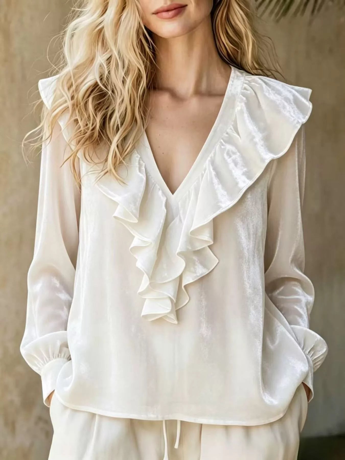 Full Size Ruffled V-Neck Long Sleeve Blouse Plus Size