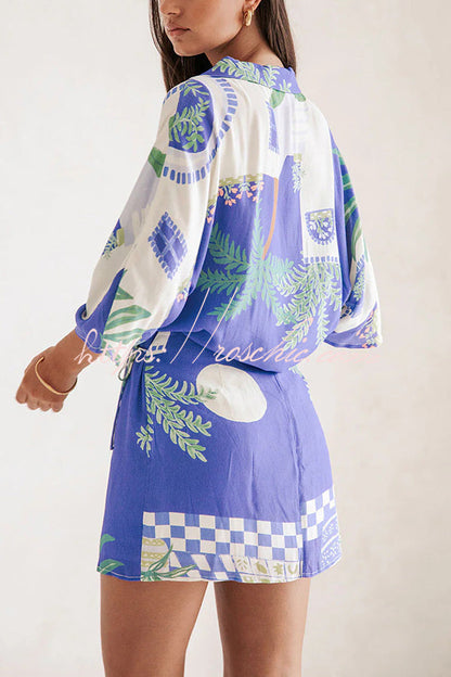 Ensemble chemise ample à imprimé unique et jupe portefeuille à lacets à taille élastique « Balmy Summer Nights »