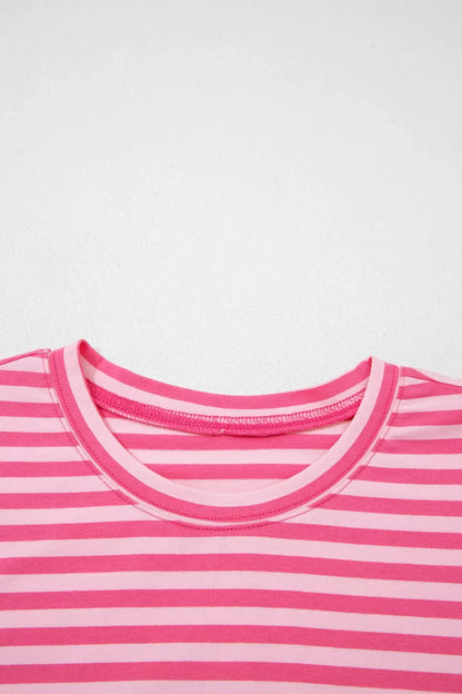 Stripe Drop Shoulder Round Neck Top and Buttoned Straight Pants Two Piece Set