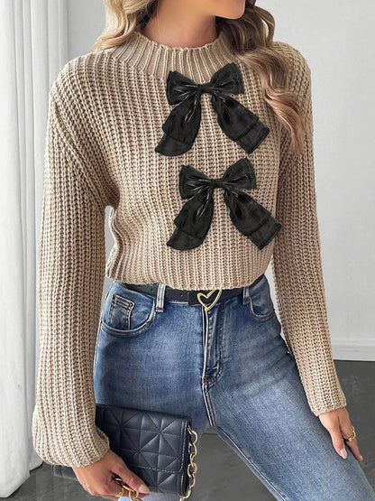Bow-Decorated Mock Neck Cropped Sweater