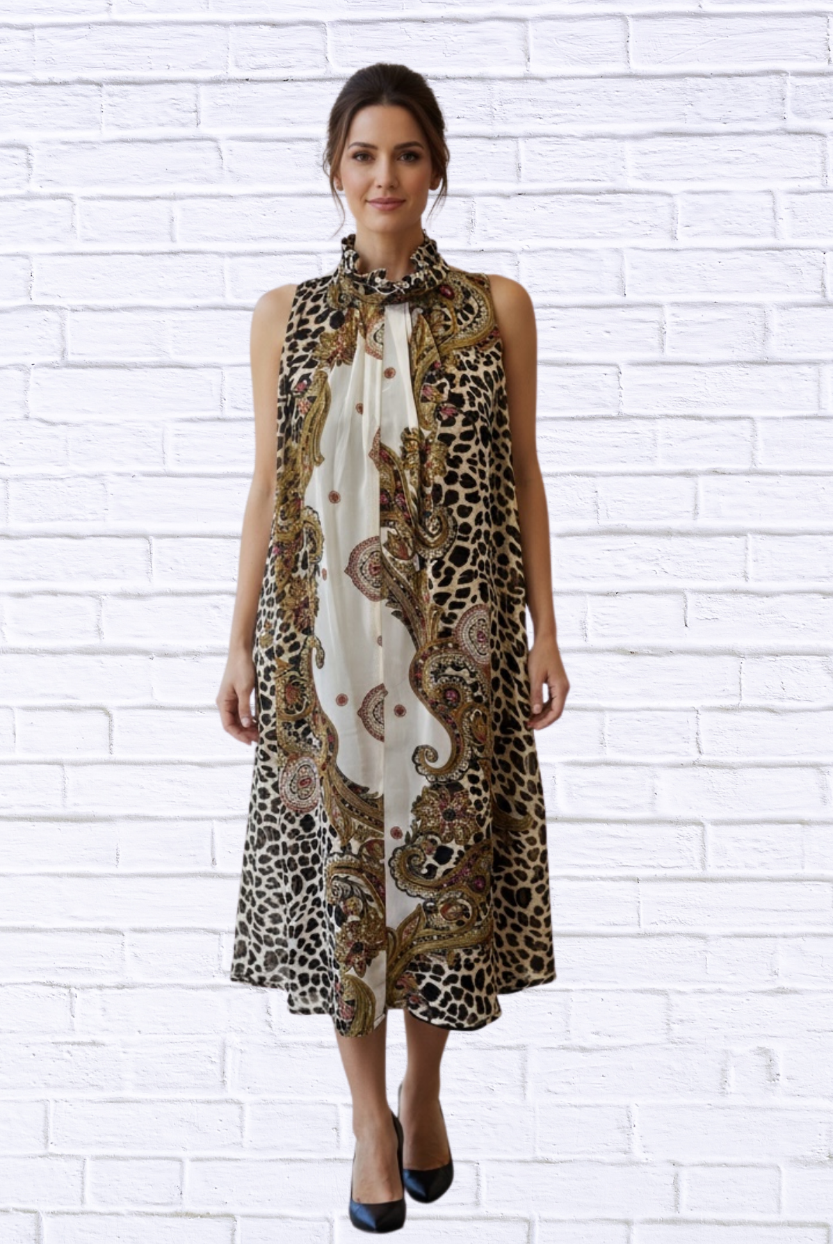 Animal and Paisley Print Sleeveless Maxi Dress – High Neck Bow Detail Flowy Woven Dress