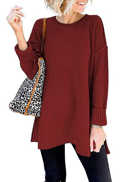 Side Split Ribbed Trim Loose Mid Sweater Burgundy