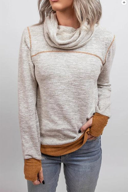 Rosiedress Casual Cowl Neck Color Block Sweatshirt with Thumb Hole Gray