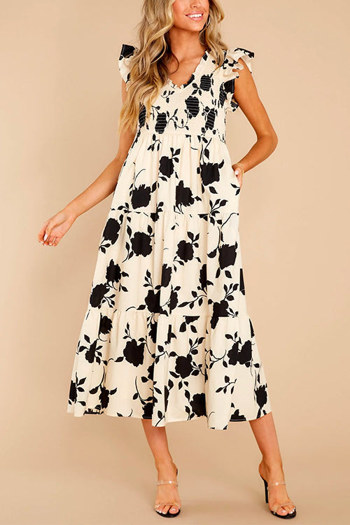 Off-white Ruffle Trim Pocketed Floral Print Midi Dress