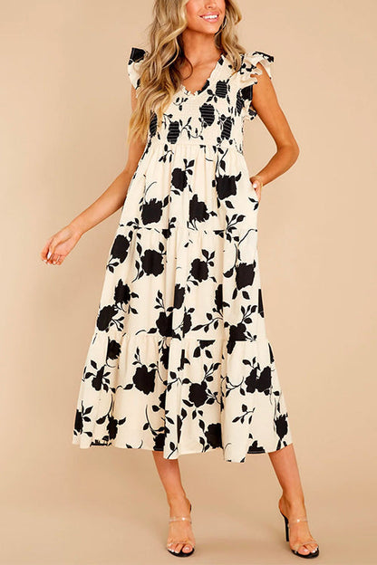 Off-white Ruffle Trim Pocketed Floral Print Midi Dress