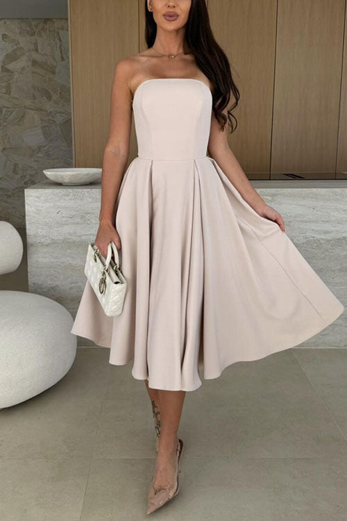 Strapless Open Back Waisted Swing Midi Dress