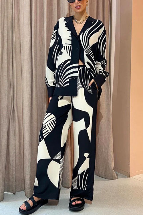 Rosiedress Graphic Printed Long Sleeve Blouse Shirt Wide Leg Pants 2 Pieces Set