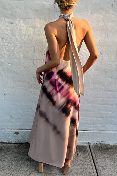 Halter High Neck Backless Tie Dye Swing Maxi Dress