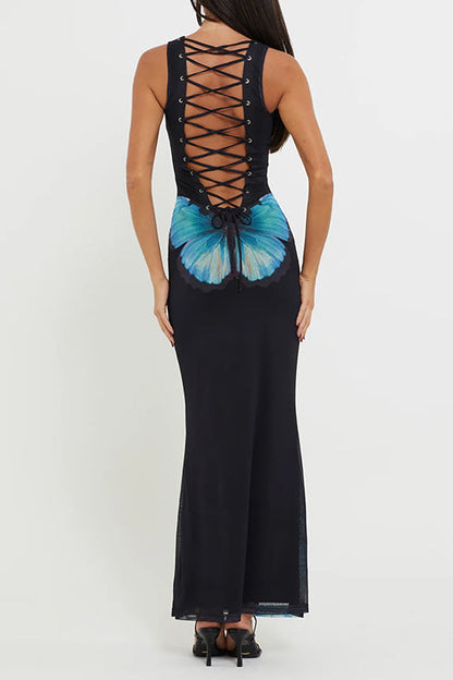 Rosiedress Back Lace-up Sleeveless Butterfly Print Maxi Dress