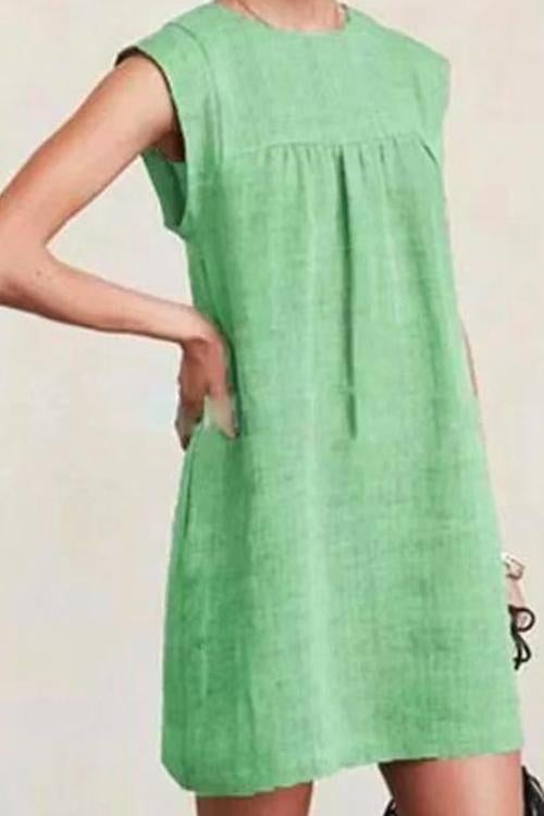 Rosiedress Ruched Short Sleeve Cotton Linen Babydoll Dress Green