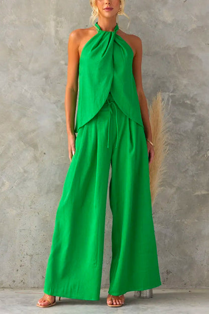 Sleeveless Halter Slit Top Paperbag Waist Wide Leg Pants Set Green