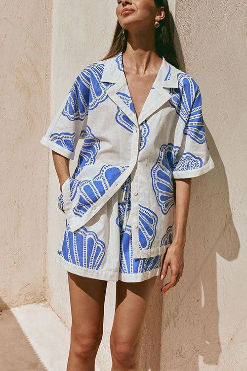 V Neck Short Sleeves Shirt and Drawstring Waist Shorts Seashell Print Set