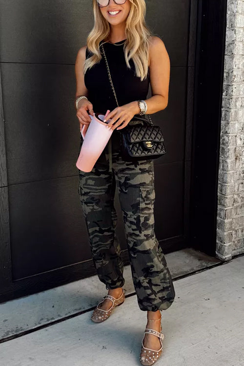 Rosiedress Camo Drawstring Waist Pocketed Cargo Pants