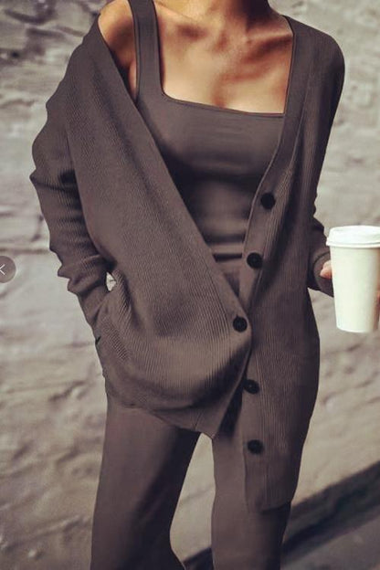 Wide Strapes Tank Top Button Down Cardigan and Long Pants 3 Pieces Loungewear Set Coffee