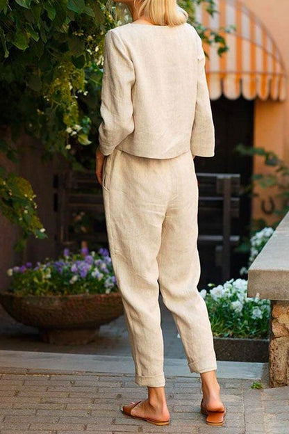 Gemma Long Sleeves Top Bow Knot Tapered Pants Set Beige