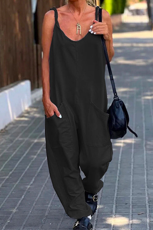 Scoop Neck Pockets Solid Slouchy Cami Jumpsuit Black