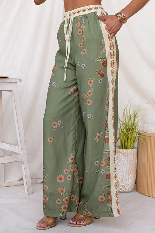 Drawstring Elastic Waist Floral Print Wide Leg Pants