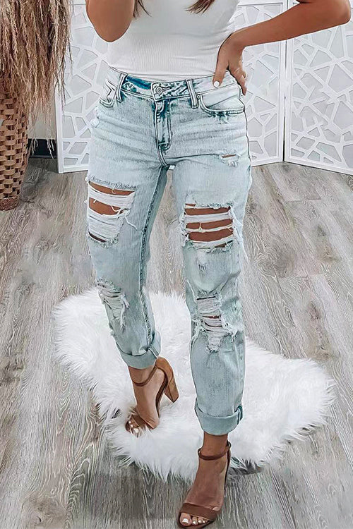 Rosiedress Distressed High Rise Ripped Boyfriend Denim Pants LightBlue